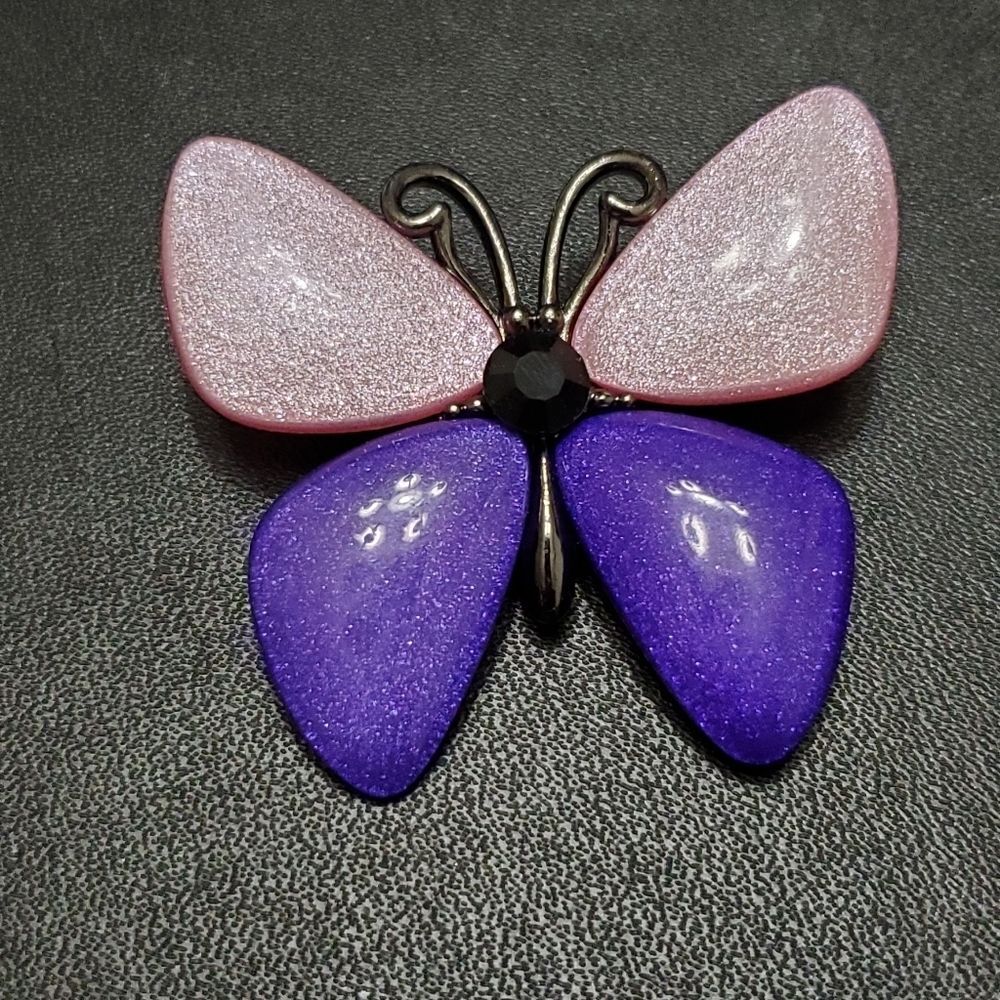 Pink and purple butterfly brooch silver tone shimmery